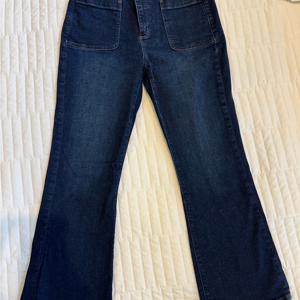 LOFT Dark Blue Flare Jeans with Front Patch Pockets